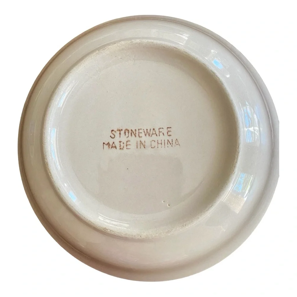 Vintage Cream Stoneware Serving Bowl with Orange Rim Bands
